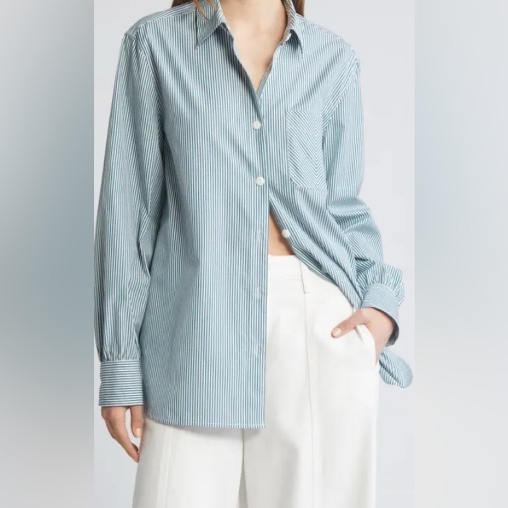 Large Lola River Button Down Oversized Blouse, White & Green, Nwot